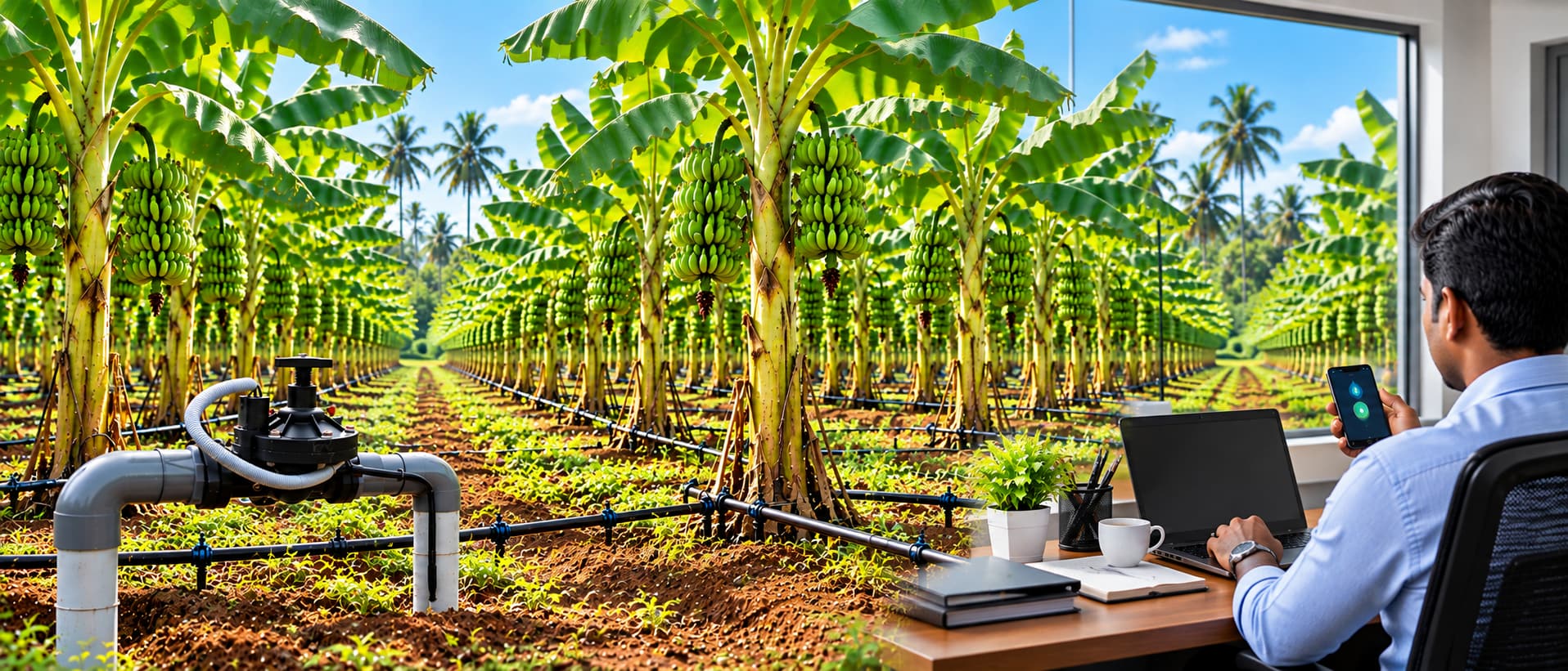 Smart farming: drip lines and an automatic valve in a banana field, controlled from a phone