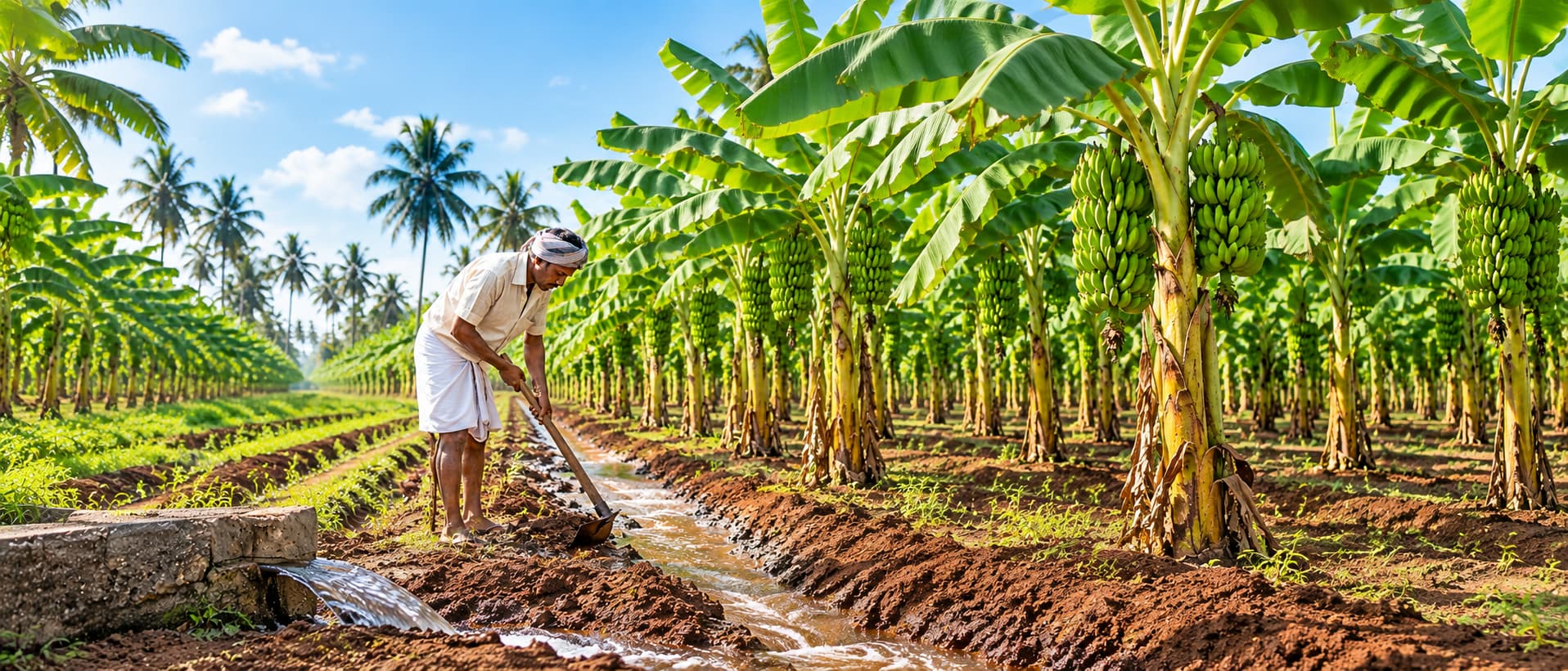 Traditional farming: a farmer flood-irrigating a banana field by hand